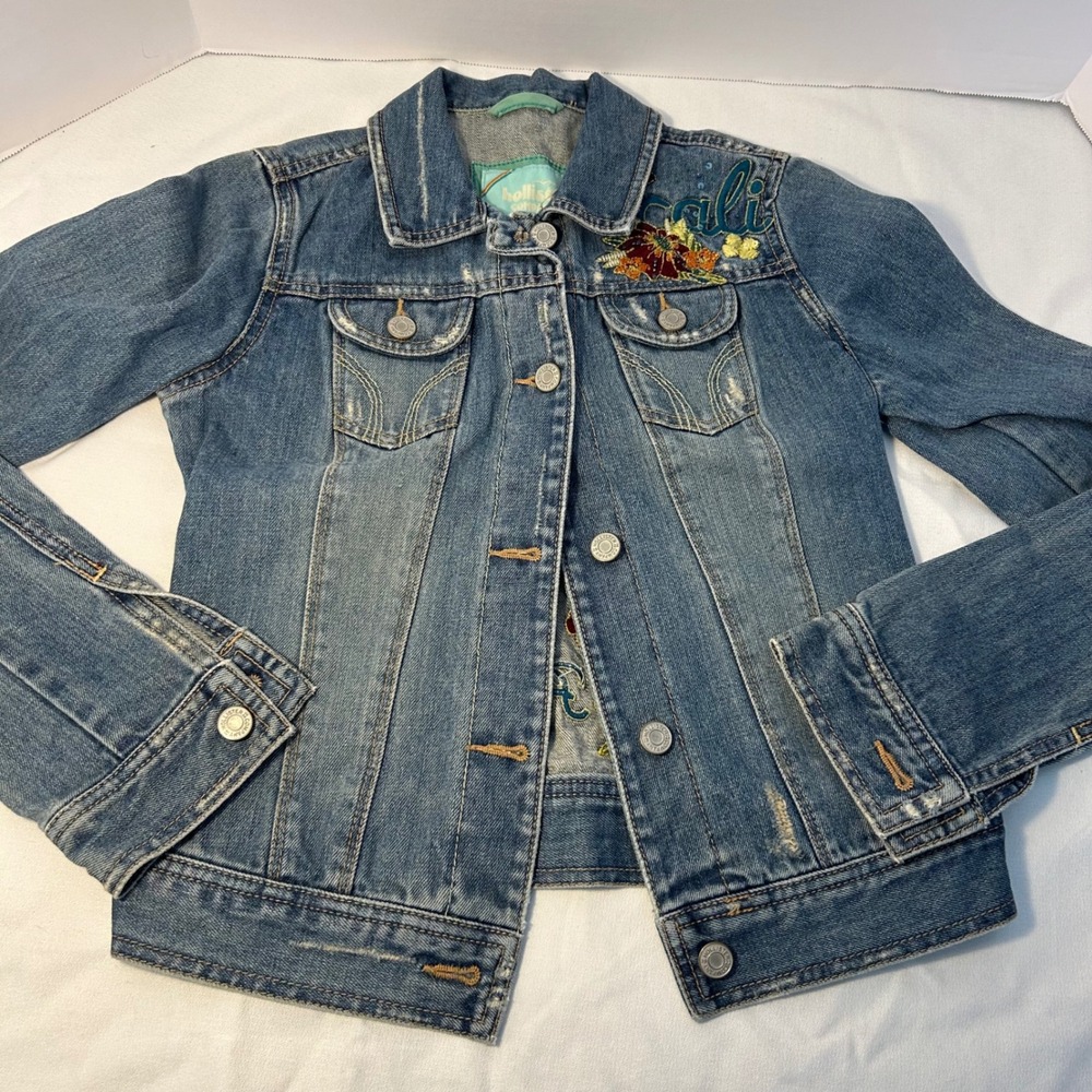 Hollister Cali Embroidered Denim Jacket Women's Size S Palm Trees Flowers Y2K